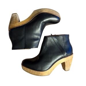 Kelsi Dagger Brooklyn Ankle Booties Black Leather Wood Block Heel Neo Minimalism